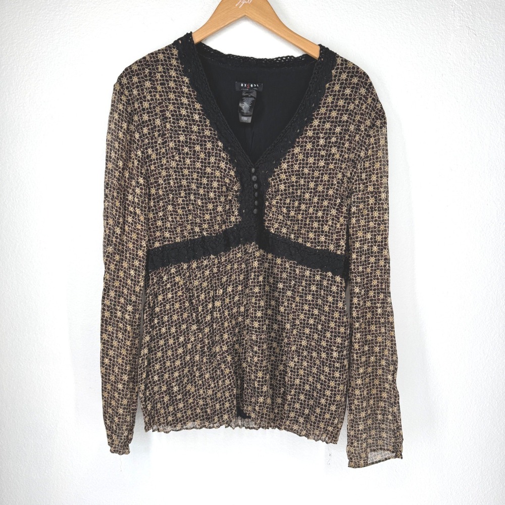 AXCESS‎ Y2K Babydoll Sheer Long Sleeve Top Women Size 16 Brown Forest Fairy Lace